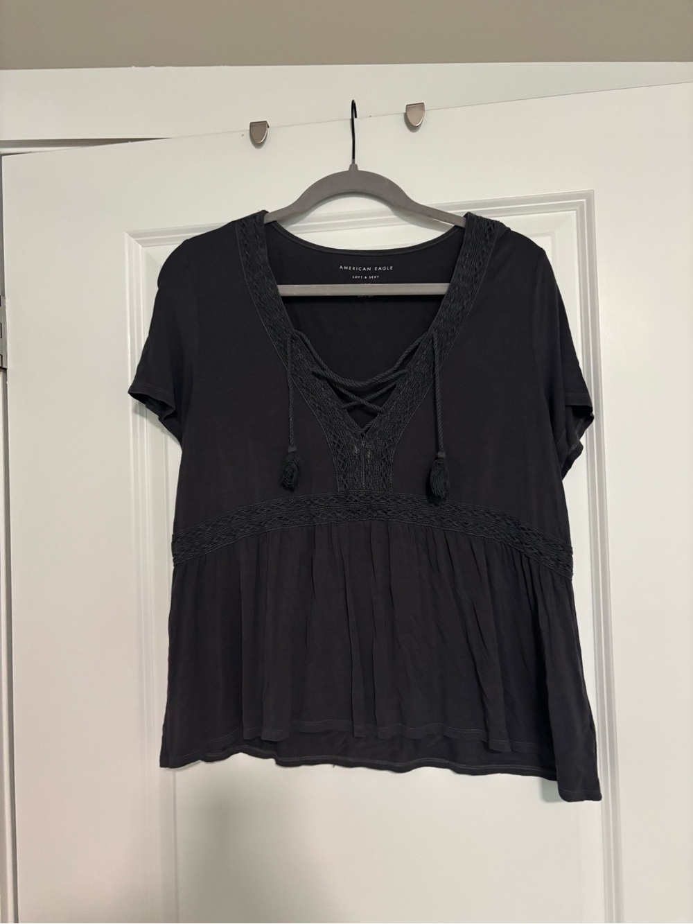 American Eagle Outfitters Dark Grey Lace-Up Boho Peasant Top